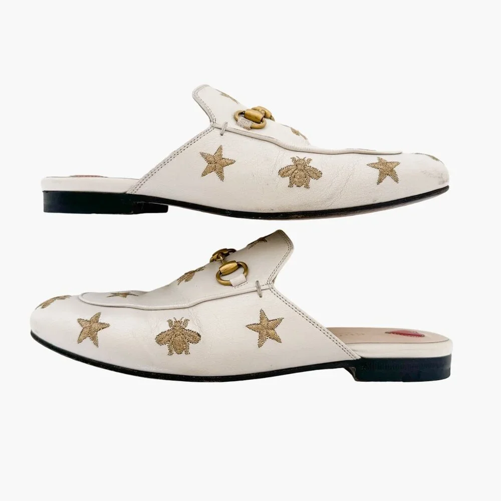 Gucci Princetown Horsebit Loafer Mule EU 37 US 7 White Bee Star Embroidered